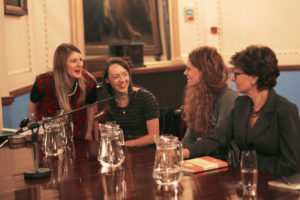 Helen Youngs talks to the first half of our panel from left to right: Louise Corcoran, Anna James and Nicolette Jones