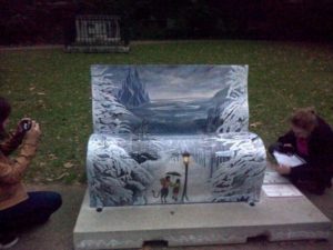 The Lion, The Witch and The Wardrobe bench was very popular among our group. It was placed in a quiet park cum graveyard and we liked the use of the wintry colours which we thought captured some of the sinister atmosphere of the book.