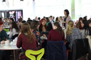 The cafeteria was buzzing in the morning