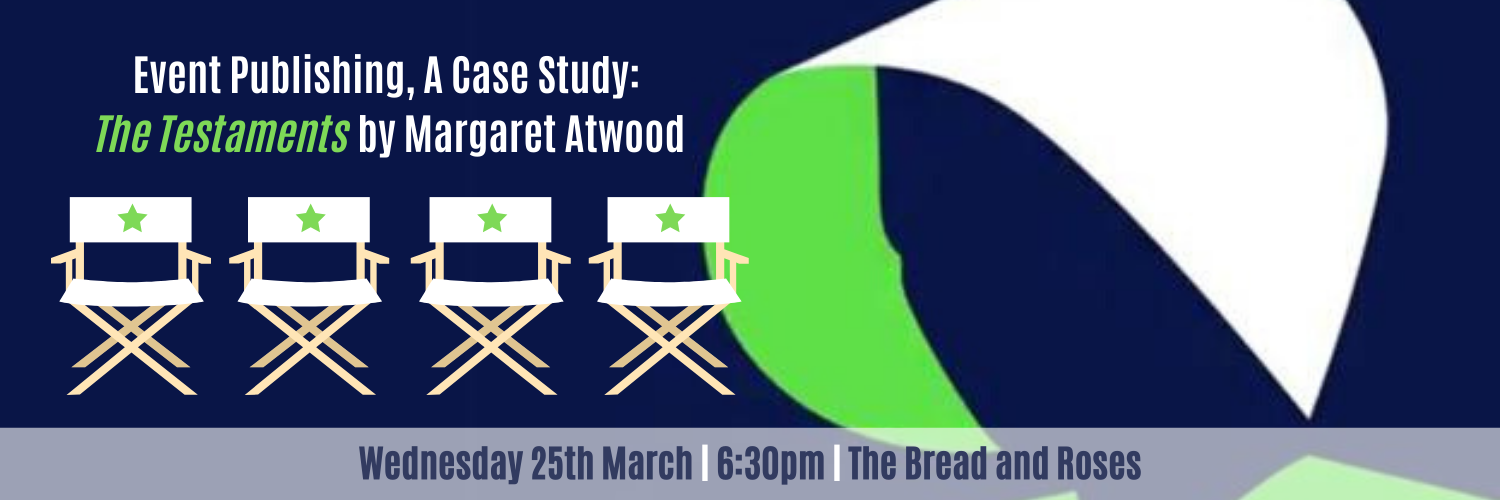 An image with the cover for The Testaments by Margaret Atwood in the background. Four panel chairs are featured in the foreground and the text mirrors the event page.