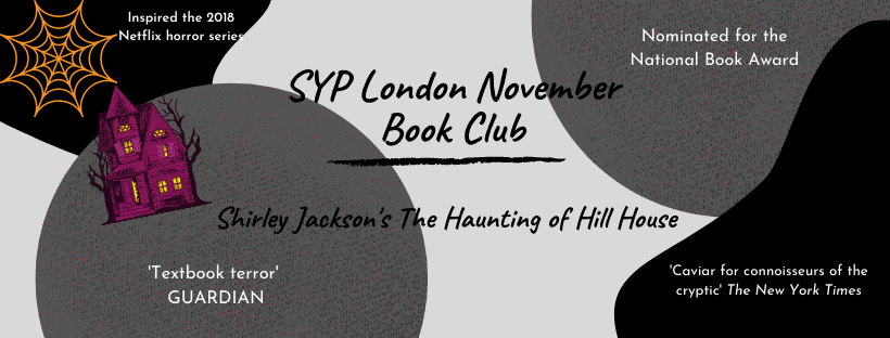 Banner showing Book Club details with a illustration of a spiders web and a haunted mansion.