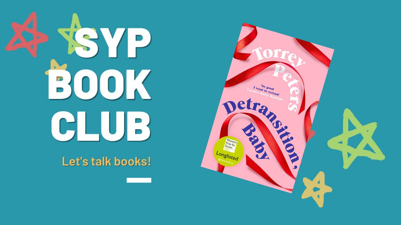 Image features a copy of Detransition, Baby on a blue background with the text 'SYP Book Club' and 'Let's talk books!'