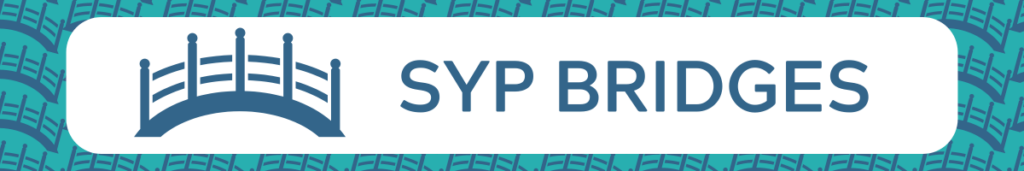 The teal background features a repeating pattern of short blue bridges. On a white banner in the center of the image is a larger blue bridge, and the text "SYP BRIDGES".