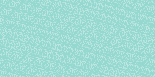 A pale turquoise background featuring a repeating pattern of the white Society of Young Publishers Into, Ahead, and Launch roundels.